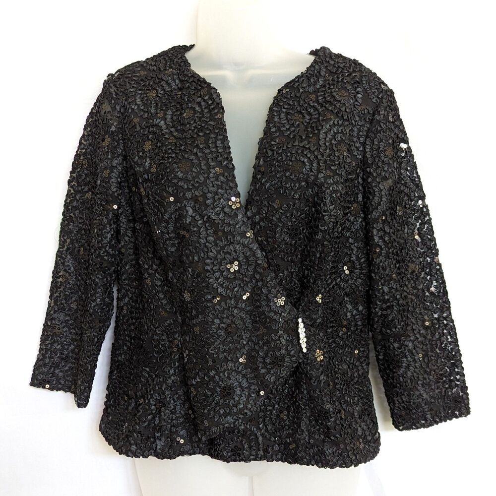 Helene Blake NWT Black Sequin Rosette Faux Wrap Top Size 10 Evening Cocktail